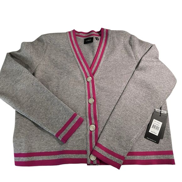 NEW Cyrus NY Crop Cardigan Sweater Soft V-Neck Gray Magenta Stripes LARGE - Picture 1 of 10